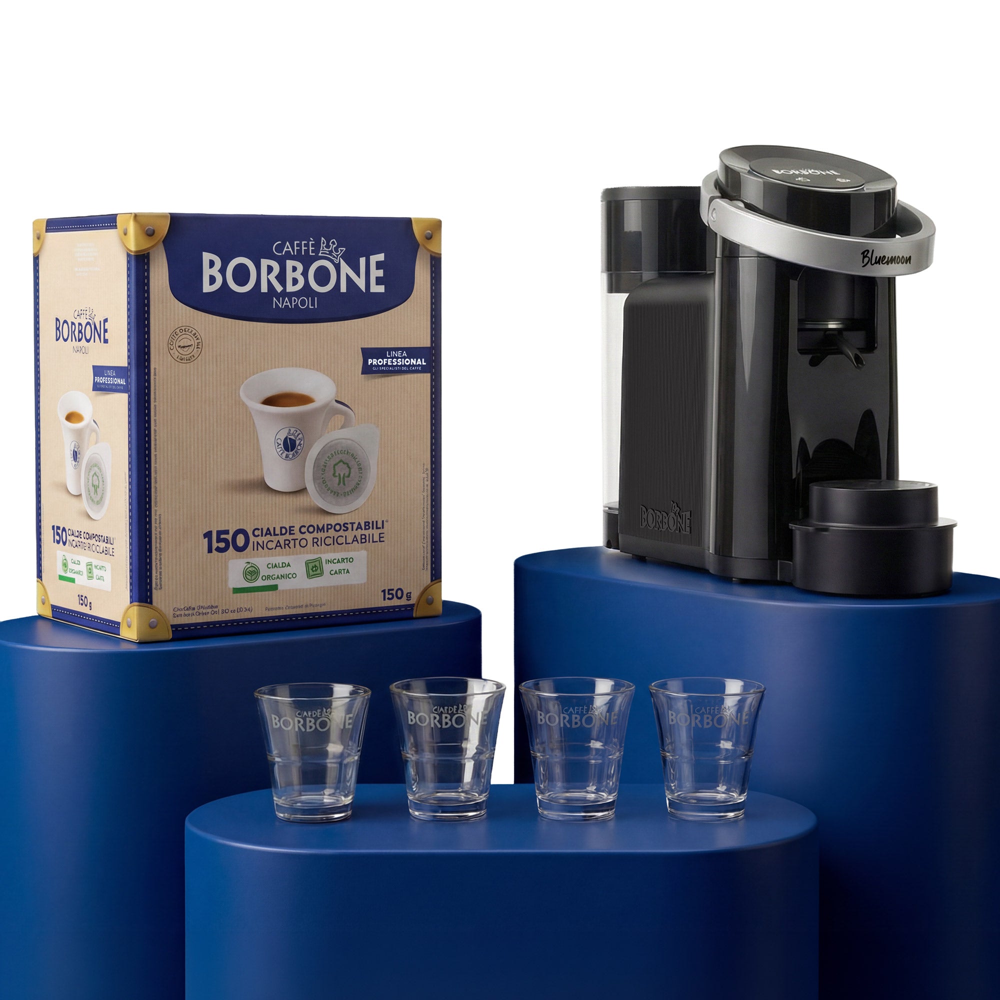 Bluemoon BLACK Coffee Machine Kit with 300 Blue Blend Pods and 8 Glass Cups