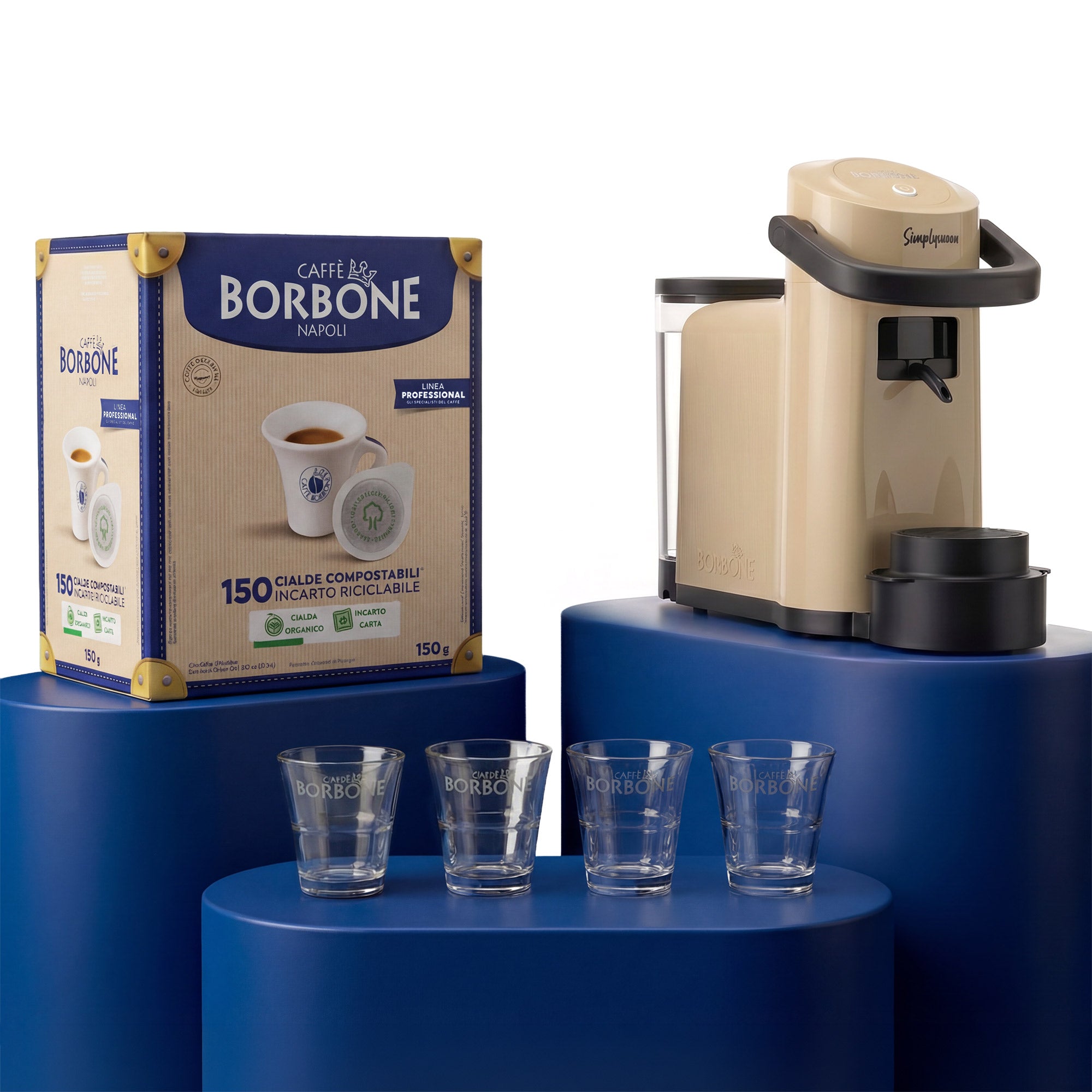Simplymoon BEIGE Coffee Machine Kit with 300 Blue Blend Pods and 8 Glass Cups